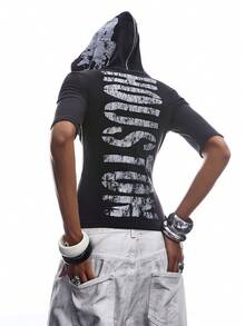 LYSMO 女士时尚拉链常规套头连帽衫 - 黑色 - 查看 2