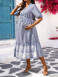 SHEIN Maternity Striped V-Neck Lantern Sleeve Ruffle Hem Fashionable Dress For Vacation, Summer Holiday Outfits , Summer Outfits - Blue - View 4