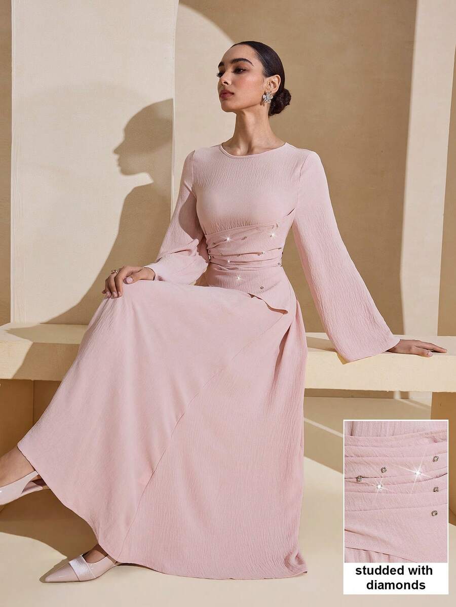 Graceveil Elegant Women's Rhinestone Embellished Ruched Crew Neck Long Sleeve Dress, Soft Pink - Pink - View 1