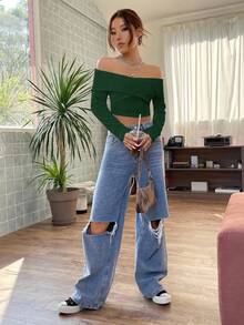 Firerie Women's Solid Color Wrap Off Shoulder Elegant Long Sleeve Top - Dark Green - View 3