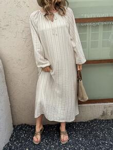 Vivie Lora Women's Striped Loose Shirt Style Mid-Length Dress Sundress - Apricot - View 6