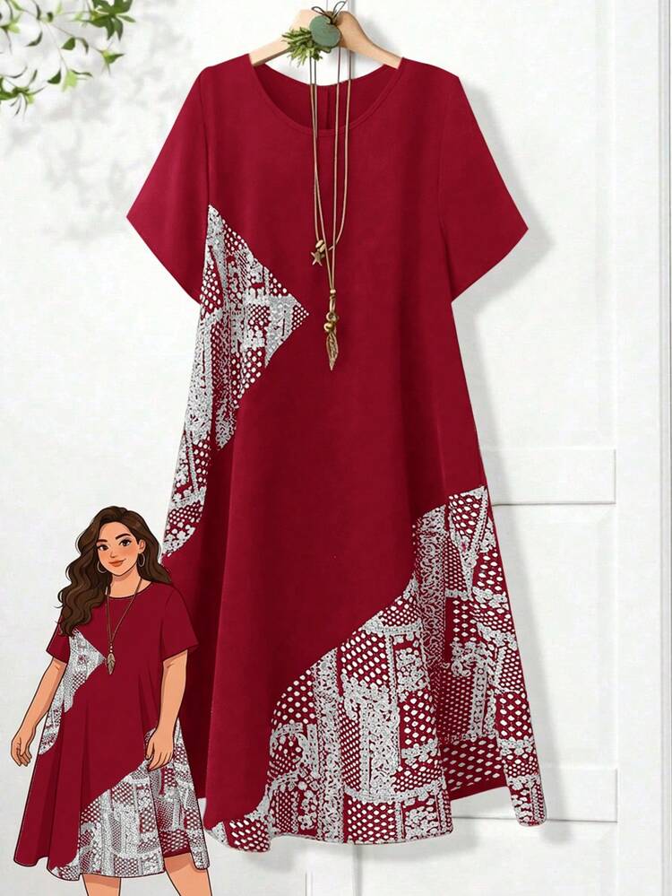 Plus Size Polka Dot Print Round Neck Casual Short Sleeve Dress Red Summer Dress Women Burgundy Plus Size Dress, Summer Dresses