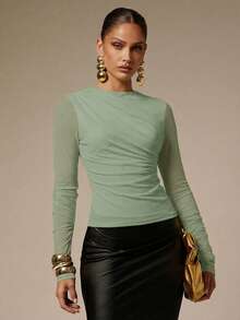Silquee Kaos Wanita Elegan Berlipit, Pas Badan, Warna Polos, Musim Semi/Gugur - Mint Green - View 1