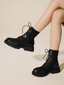 CUCCOO BASICS 女士系带中筒靴，时尚百搭，适合日常穿着，秋冬季 - 黑色 - 查看 4