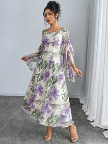 Modelyn Women's Floral Print Halter Neck Flare Sleeve Dress - Purple - View 4