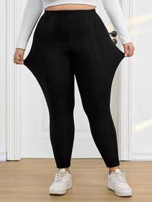 SHEIN CURVE+ 大码女式高弹力保暖打底裤，带侧袋，基础款返校季大码打底裤，大码紧身裤，大码高弹力打底裤，带口袋，Y2K风格 - 黑色 - 查看 4