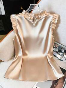 Franclia Women's Solid Color Frill Trim Round Neck Cap Sleeve Elegant Blouse - Apricot - View 2