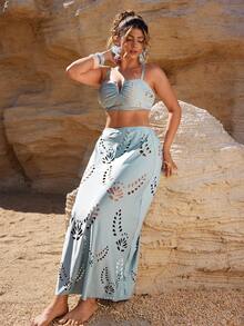 Swim Oasis Plus Size Solid Color Laser Cut Floral V-Neck Adjustable Strap Top Paired With High Waist Solid Color Laser Cut Floral Triangle Bikini Bottom And High Waist Solid Color Laser Cut Floral Skirt, Sexy Elegant Beach Holiday Swimsuit Set - Baby Blue - View 7