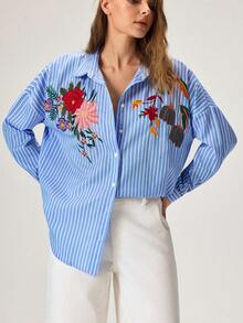 CasuGlow 刺绣棉质衬衫，宽松版型，花卉图案细节，长袖纽扣设计，轻盈透气面料，休闲时尚风格 - 藍色 - 查看 5