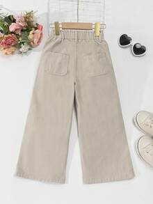 SHEIN Genkimix Kids 年轻女孩休闲波西米亚风假日平底阔腿牛仔裤，日常穿搭卡其色棉质阔腿裤 - 杏色 - 查看 2