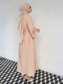 DAZY Vestido Elegante Feminino de Cor Sólida, Texturizado, Gola Redonda, Manga Farol, Cinto, Vestido de Verão - Damasco - Visão 6