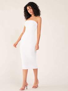 SHEIN BASICS Women'S Strapless Slim Fit Bodycon Casual Dinner Dress/Summer\Off-Shoulder\Party - White - View 4