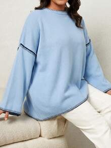Plus Size Contrast Trim Casual Pullover Sweater - Baby Blue - View 5