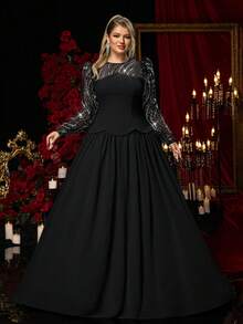 Glamrae Váy maxi voan dệt kim co giãn, tay dài đính hạt thủ công màu xám xanh sang trọng cỡ lớn, phù hợp cho đám cưới, tiệc tùng, kỳ nghỉ, dạ tiệc, sự kiện trang trọng - màu đen - Xem 4
