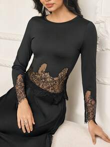 Modelyn Women's Round Neck Lace Patchwork Sexy Date Night Long Sleeve T-Shirt Black Elegant Dress Long Sleeve Elegant Dress Women Long Sleeve Dress Black Church Dress Women Black Lace Evening Dress - Black - View 2