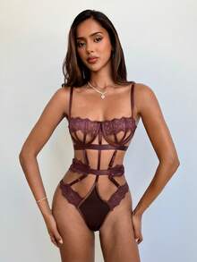 Aloruh 经典透明蕾丝紧身衣，咖啡棕色，细肩带，优雅镂空内衣套装，镂空内衣，外出 - 咖啡棕 - 查看 3