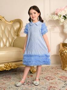 Young Girls Cute Contrast Mesh Collar Dress - Blue - View 8