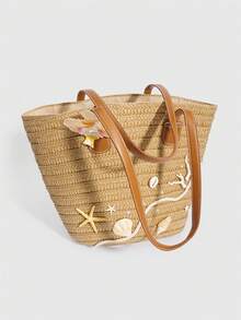 ROMWE Fairycore 1 pieza Bolso de playa de paja con diseño floral de gran capacidad, con decoración de concha, caracol, coral y perla con temática de vacaciones para mujer - Marrón claro - Ver 6