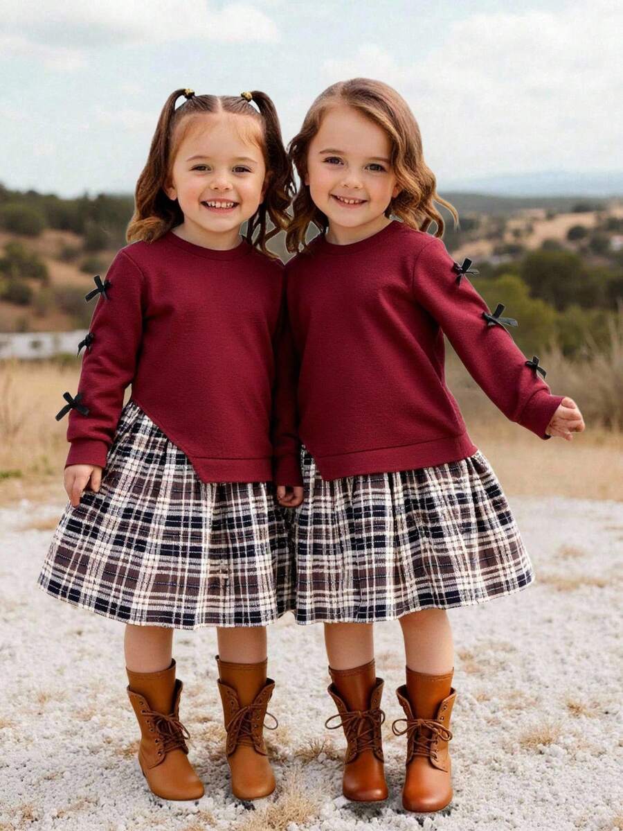 SHEIN 公主風酒紅色女童秋季洋裝,返校季 7 歲生日禮服 - 酒紅色 - 查看 1