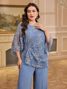 Reflora Bộ đồ 2 món cỡ lớn gồm áo và quần dài màu trơn thêu họa tiết, kiểu dáng thanh lịch. - Màu xanh lam - Xem 7