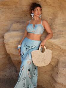 Swim Oasis Plus Size Solid Color Laser Cut Floral V-Neck Adjustable Strap Top Paired With High Waist Solid Color Laser Cut Floral Triangle Bikini Bottom And High Waist Solid Color Laser Cut Floral Skirt, Sexy Elegant Beach Holiday Swimsuit Set - Baby Blue - View 3