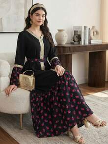 SHEIN Black Autumn Elegant Party Teen Girls Gold Ribbon Collar Floral Print Flare Sleeve Belted Dress,Dignified National Day Abaya Arabic Modest Dresses - Black - View 1