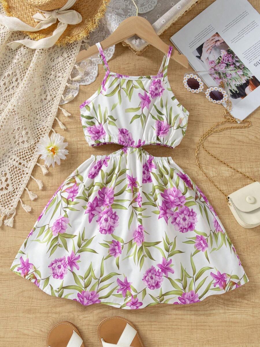 SHEIN 少女碎花荷叶边休闲度假吊带裙 - 彩色 - 查看 1