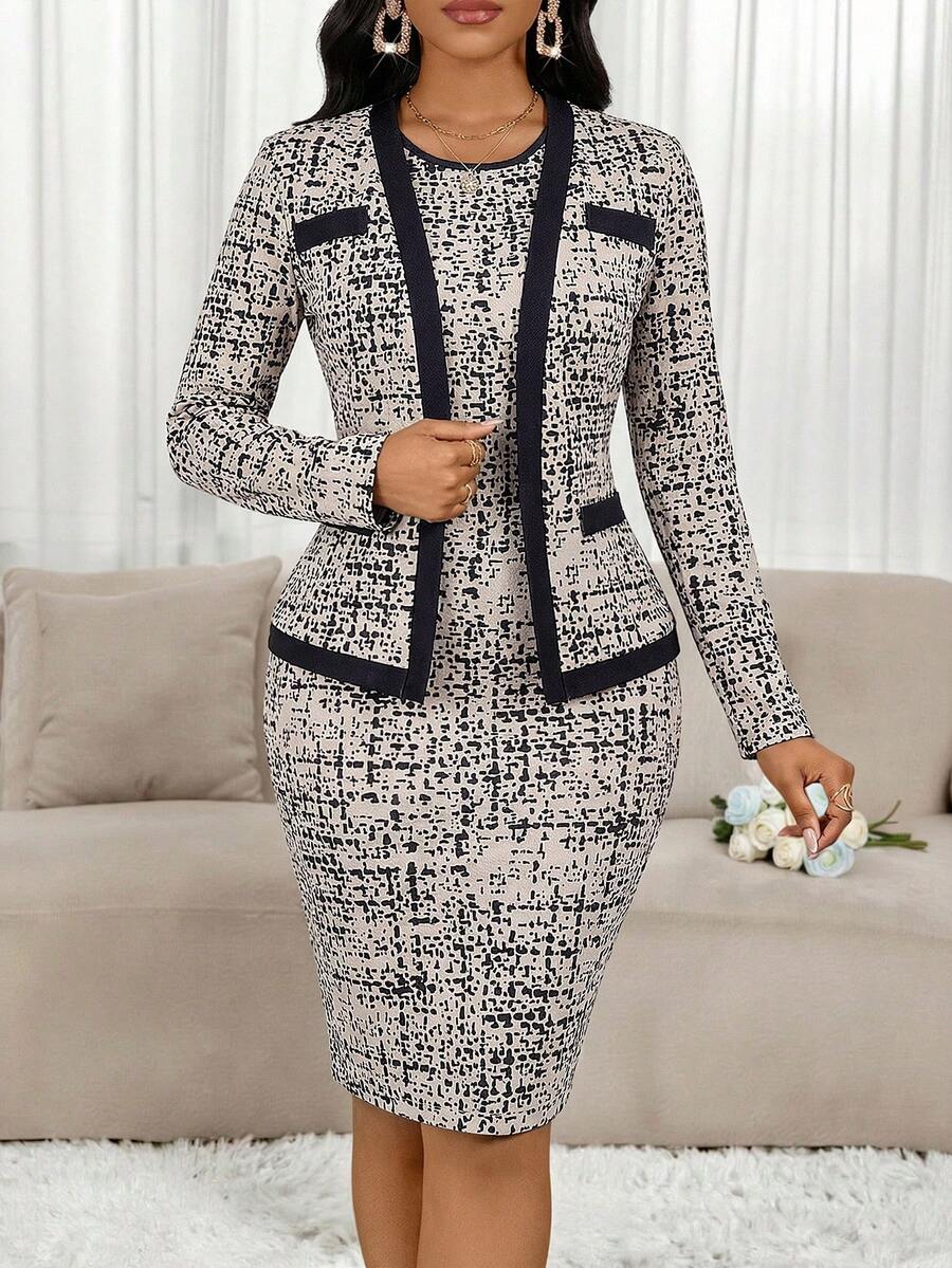 SHEIN Lady 女士优雅格纹饰边外套和修身无袖连衣裙两件套，适合工作和通勤，春秋季穿着 - 彩色 - 查看 1