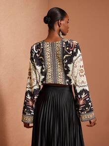 JIAN LASALA All-Over Print Woven V Neck Flared Bell Long Sleeves Elastic Waist Drawstring Loose Women Top For Women Resort Wear Beach Wedding Guest - Multicolor - View 2