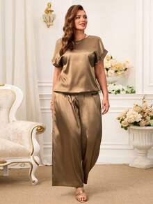 Miaspire Plus Size Women 2 Pieces Set: Satin Blouse + Trousers, Camel Color For Summer/ Vacation Plus Size Pants Set Brown Set Women Lounge Sets Plus Size Ladies Casual Sets, Summer Outfits - Camel - View 4