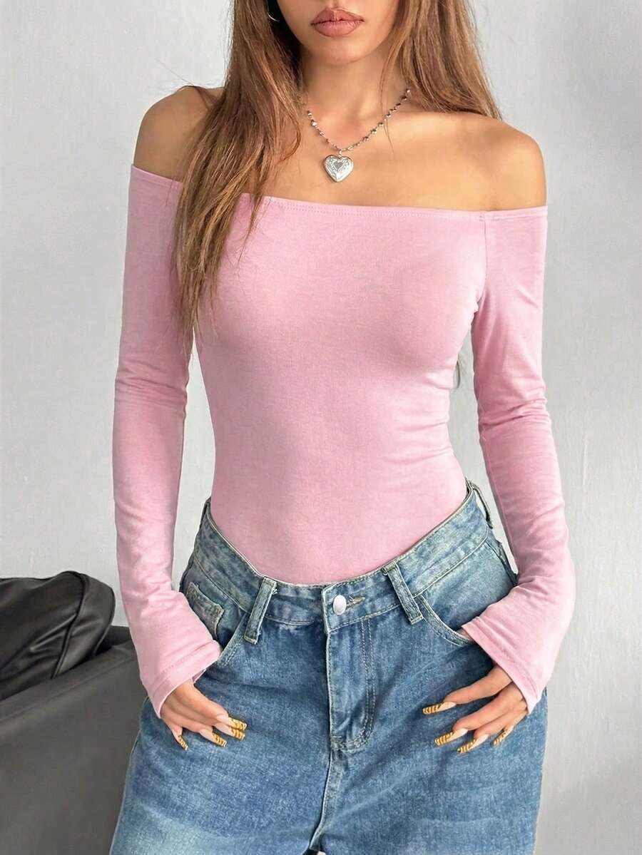 SHEIN EZwear 粉色针织露肩连体衣（女款） - 粉色 - 查看 1