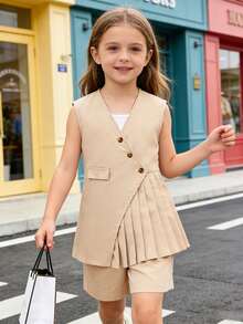 SHEIN Girls Back To School Summer Casual Elegant Pleated Knit Set Blazer Formal Apricot Matching - Khaki - View 3