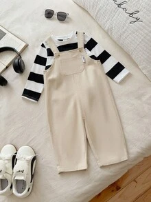 SHEIN Pantalon salopette en jean multi-poches avec design délavé polyvalent pour bébés garçons - Nude - Voir 4