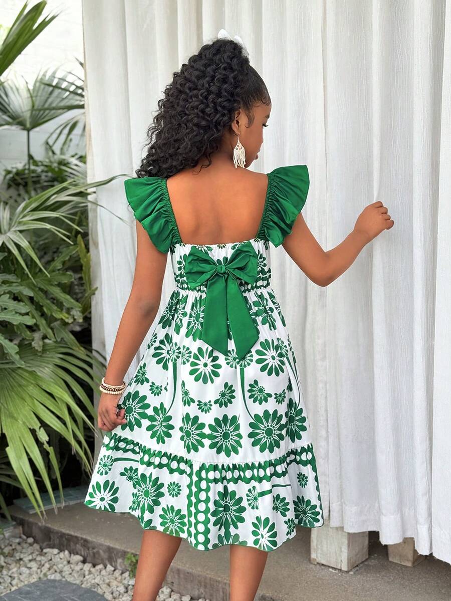 SHEIN Young Girls' Tropical Vacation Ruffled Bowknot Dress, Fresh Floral Print Off-Shoulder Puff Sleeve Elastic Waist Flowy Dress For Beach Holiday - Green - View 1