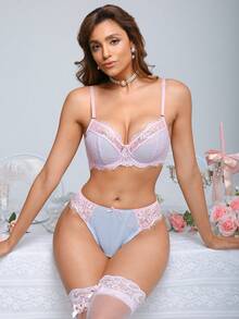 SHEIN 2 Stücke rosa & blaues Kontrast-Farben Spitzen-Patchwork Lingerie Set - Verschiedenfarbig - Übersicht 1