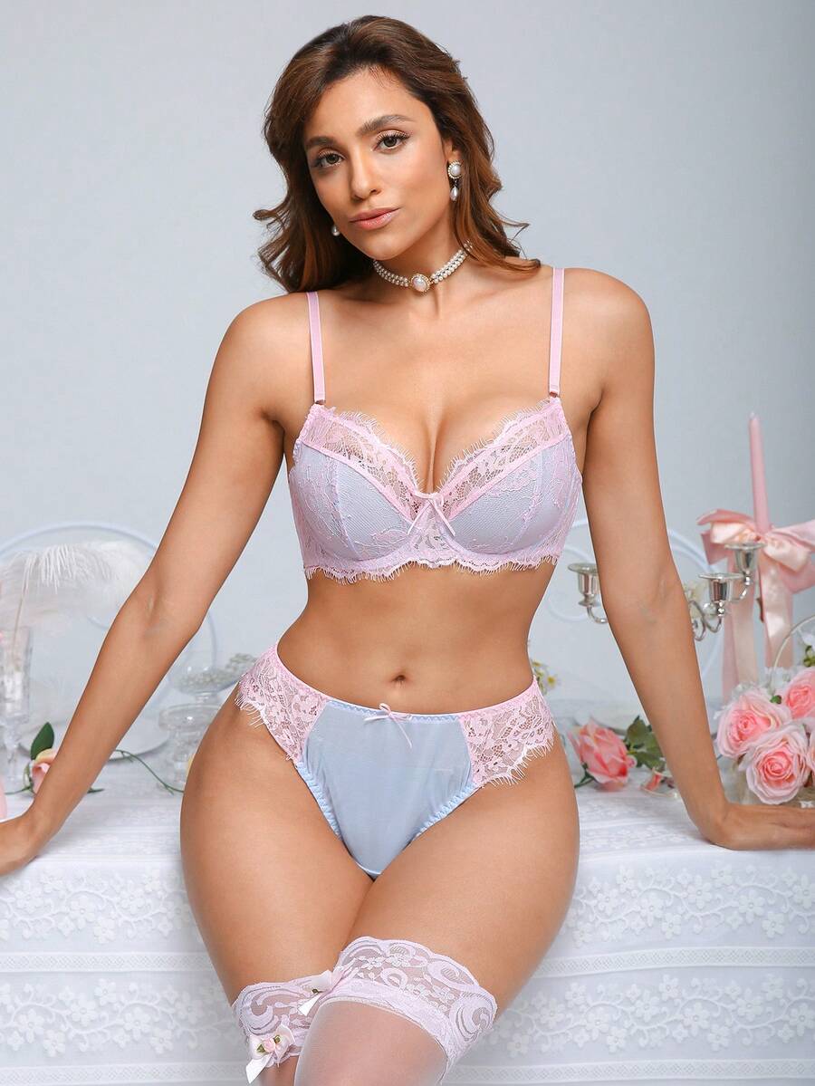 SHEIN 2 Stücke rosa & blaues Kontrast-Farben Spitzen-Patchwork Lingerie Set - Verschiedenfarbig - Übersicht 1