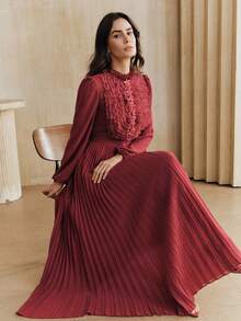 Anewsta Women's Elegant Frill Trim Long Pleated Dress - Red - View 3