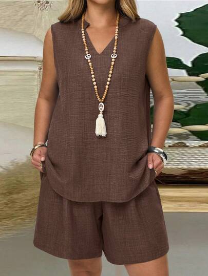 EMERY ROSE 2PC Plus Size Women's Summer Casual Vacation Solid V-Neck Sleeveless Shirt And Shorts Casual 2 Pieces Set,Spring Break Outfits ,Vacation Outfits Women ,Holiday Outfits For Women,Going Out Outfits,2026 New Clothes,Simple And Fashionable For Everyday Wear, Brown 2 Piece Set, Short Sets For Women Vacation, Brown Set Women, Summer Outfits