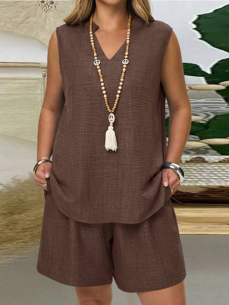 2PC Plus Size Women's Summer Casual Vacation Solid V-Neck Sleeveless Shirt And Shorts Casual 2 Pieces Set,Spring Break Outfits ,Vacation Outfits Women ,Holiday Outfits For Women,Going Out Outfits,2026 New Clothes,Simple And Fashionable For Everyday Wear, Brown 2 Piece Set, Short Sets For Women Vacation, Brown Set Women, Summer Outfits