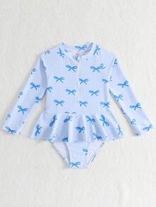 SHEIN 女童蝴蝶结条纹长袖拉链连体泳衣 - 寶藍色 - 查看 4