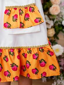 SHEIN Young Girls White Floral Print Short Sleeve Dress With Crossbody Bag,Middle Eastern Style Tassel Decor For Summer,Church & Brunch - Yellow - View 8