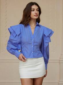 Revavyn Exaggerated Sleeve Design Striped Long Sleeve Shirt, Fashion & Versatile, Autumn/Winter - Multicolor - View 4