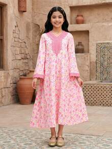 SHEIN Tween Girls Floral Print Long Sleeve Dress - Pink - View 3