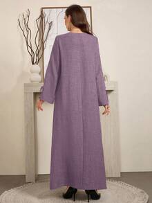Al Najma 女士优雅宽松舒适蝴蝶结竹结亚麻连衣裙长款女装 - 紫色 - 查看 2