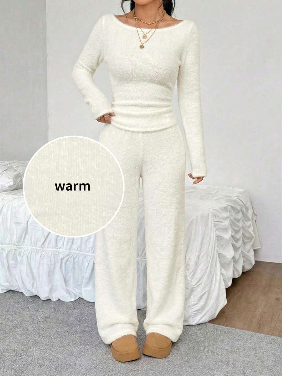 SHEIN EZwear Women's Solid Color Boat Neck Long Sleeve Top And Pants Casual 2 Pieces Set - Apricot - View 1