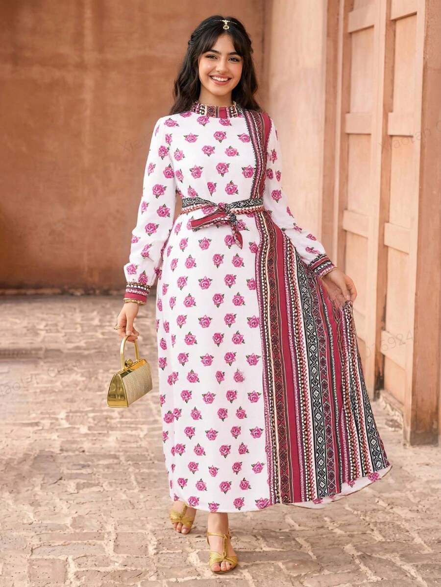 Gaun Fashion Lengan Panjang Kerah Tegak Motif Bunga untuk Remaja Putri - Hitam - View 1