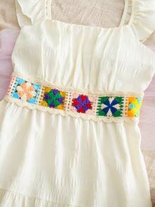 Sparklyn Teen Girls Boho Tiered Ruffle Dress - Sleeveless Square Neck A-Line Mini Dress With Colorful Crochet Waistband For Summer Beach Vacation - Apricot - View 4