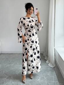 Elenzga Women's Elegant Printed Metal Buckle Decor Slit Dress, Spring/Summer - Apricot - View 6
