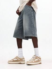SUMWON Vintage Washed Slim Fit Denim Below Knee Length Baggy Wide Leg Casual Summer Everyday Retro Relaxed Style Bermuda Jean Shorts - Blue - View 4