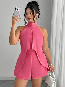 Elenzga Bộ áo liền quần không tay cổ cao, khóa kéo, màu trơn, cỡ lớn, dành cho người có vóc dáng đầy đặn. - Màu Hồng Tươi - Xem 1